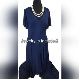Formal Chiffon Dress 14 Navy V-Neck High-Low Ruffle Hem Skirt V-Back Pearls incl